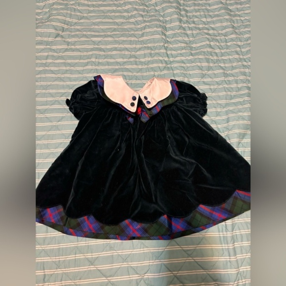 Vintage Baby Togs 18M Velvet Cotton Green Dress with Plaid Collar Scalloped